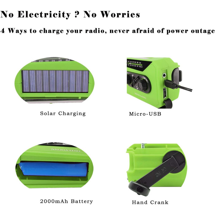Радіо Solar-Radio з ручним приводом, AM/FM, погода, ліхтарик, SOS-сигнал, акумулятор 2000 mAh, Powerbank, роз'єм для навушників - для надзвичайних ситуацій та активного відпочинку (зелений)