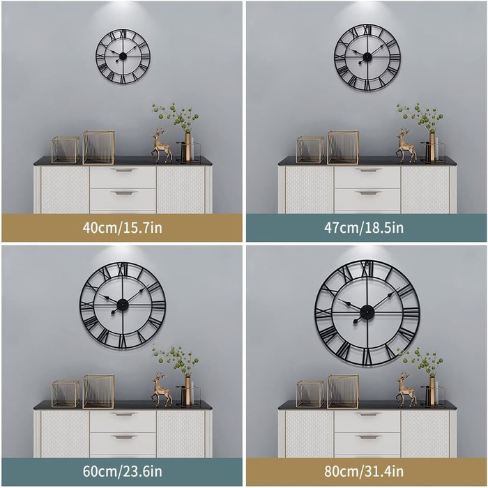 HAITANG Large Vintage Style Wall Clock, Black Round, Metal Silent Non-Ticking, Battery Powered, 40cm, 16 Inch Roman Numerals, Clocks for Living Room, Bedroom, Kitchen Wall Clock Decoration