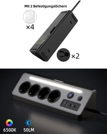 Мережевий адаптер з USB та 2 Type-C, 4 розетки, 16A, 3680W, з вимикачами, захист від перенапруги, LED, для кухні/офісу, білий/чорний