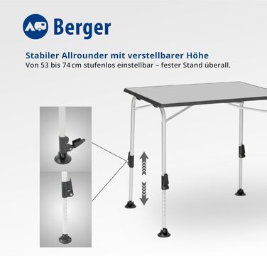 Стіл кемпінговий розкладний BERGER Ivalo 2, 80x60 см, алюмінієвий, регульована висота, для саду, балкону, тераси