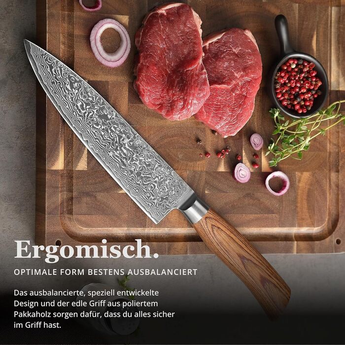 Ніж кухарський Wakoli EDIB Pro з дамаської сталі (серцевина VG10), 20 см - гострий та збалансований, з ручкою з паккавуду в подарунковій коробці - кухонний ніж з дамаску для професійних та аматорських кухарів, срібний
