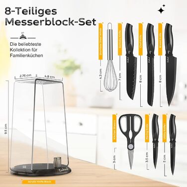 Набір кухонних ножів Messerblock Set, 8 предметів: ножі, ножиці, підставка для ножів. Ідеально для нарізання м'яса та овочів. Прозора підставка.