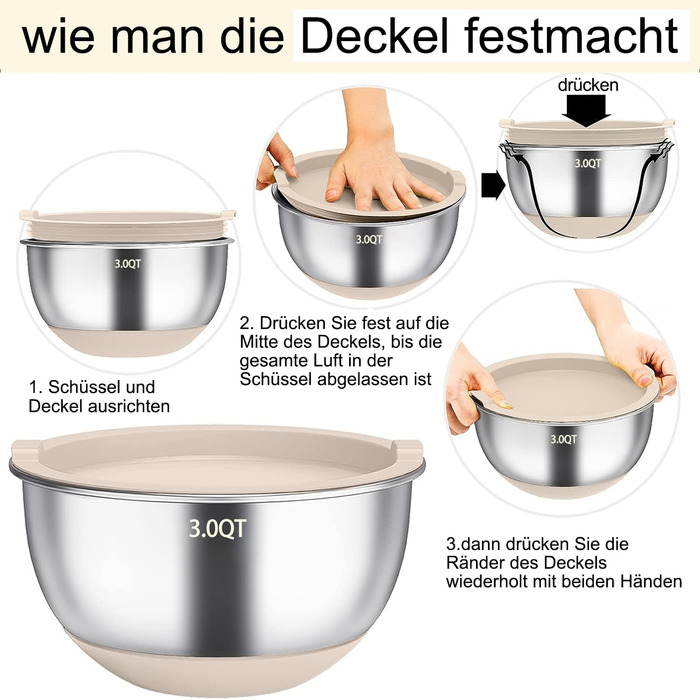 Mixing Bowl Set of 6, Stainless Steel Bowl Salad Bowl Set with Lid & Silicone Bottom, 3 Grater Attachments, 4.7l/3.8l/2.8l/1.9l/1.4l/0.6l, Non-Slip & Stackable - Khaki