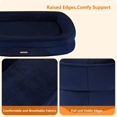 Ортопедичне ліжко для собак HMTOPE, собаче ліжко-софа з валиком для шиї, неслизьке дно, знімне та пральне, для маленьких та середніх собак, 90 x 71 x 15 см, темно-синій