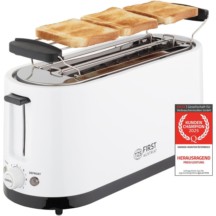 Тостер First Austria 4-х секційний з широким прорізом, 1400 Вт з піддоном для крихт | Підставка для тостів | Теплоізольований корпус, регулювання температури, корпус з нержавіючої сталі, функція розморожування, центрування хліба 1400 Вт - білий