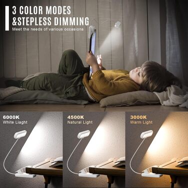 Ліхтар для читання LQWELL на шию, LED, 3 кольори/яскравість, гнучкий, акумуляторний, для читання, в'язання, рукоділля (білий, прямокутний - 3 шт)