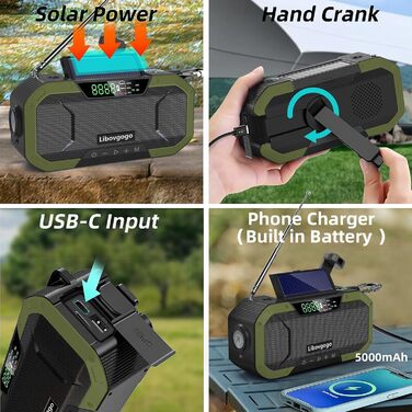 Радіо з ручним приводом та сонячною зарядкою - з акумулятором 5000mAh, радіо для екстрених ситуацій, IPX5 водостійке, AM/FM, портативне, динамо, кемпінг, на відкритому повітрі, ліхтарик, SOS, USB-C (зелене)
