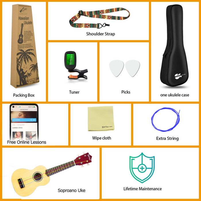 Укулеле Everjoys Sopran 21 дюйм - Початковий набір для дорослих з чохлом, тюнером, нотами, струнами та медіатором