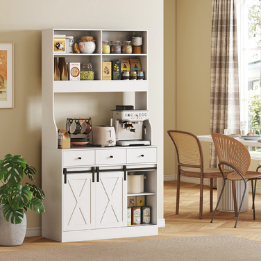 HOMCOM Kitchen Cabinet, Tall Cabinet with Worktop, Buffet Cabinet with Sliding Doors, 3 Drawers, Adjustable Shelves, Storage Cabinet for Kitchen Dining Room 93.5x40x180 cm White | Aosom