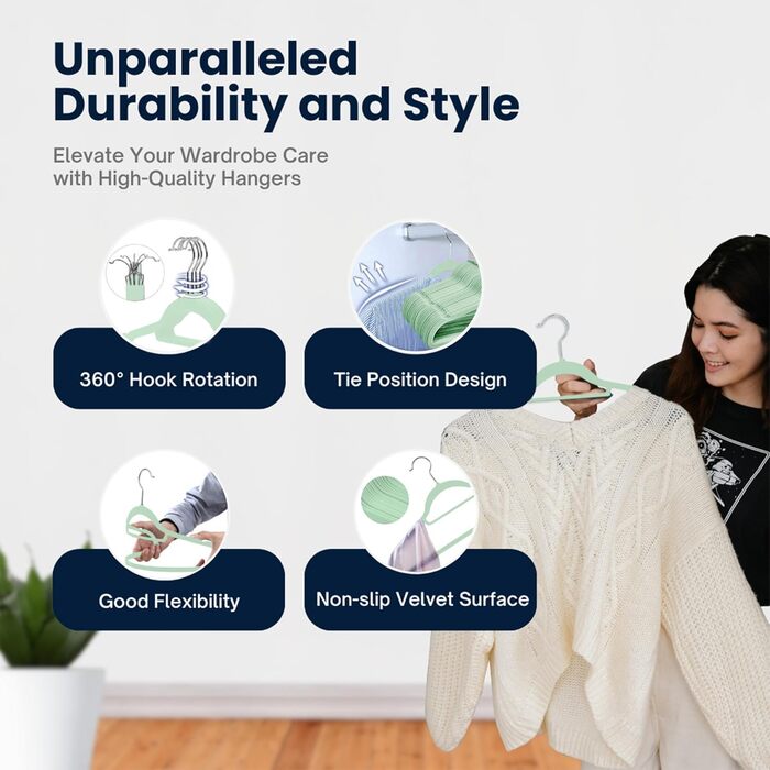 Набір плечиків для одягу з оксамиту, 50 шт., м'ятно-зелені. Плечики для одягу з антиковзаючим покриттям, з органайзером для краваток, обертаються.