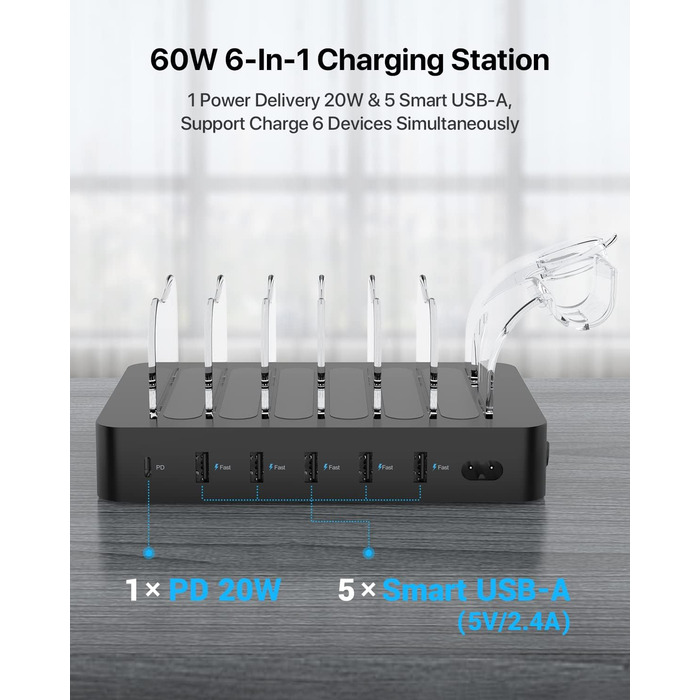 Зарядний хаб SooPii USB 60W/12A з 6 портами, органайзер для декількох пристроїв, з тримачем для Apple Watch, 6 кабелів у комплекті (Чорний)