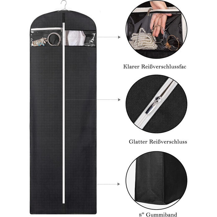 Чохол для сукні MISSLO, 177см, чорний: дихаючий, з кишенями, для вечірньої сукні, костюма, весільної сукні, у подорож