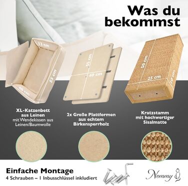 Nemmy Premium Cat Tree Small Beige | Stable Scratching Post Extra Wide | Cat Bed with Cushion | Cat Tree for Large Cats | Modern Wood Natural | Scratching Column | Scratching Post