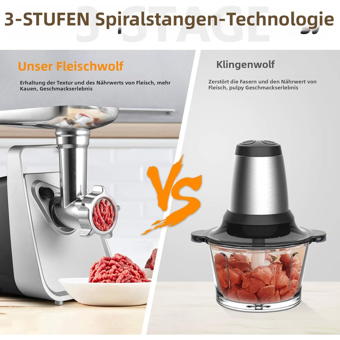 М'ясорубка електрична CHEFFANO 2000W з насадками для ковбас та кубебе, нержавіюча сталь, чорна