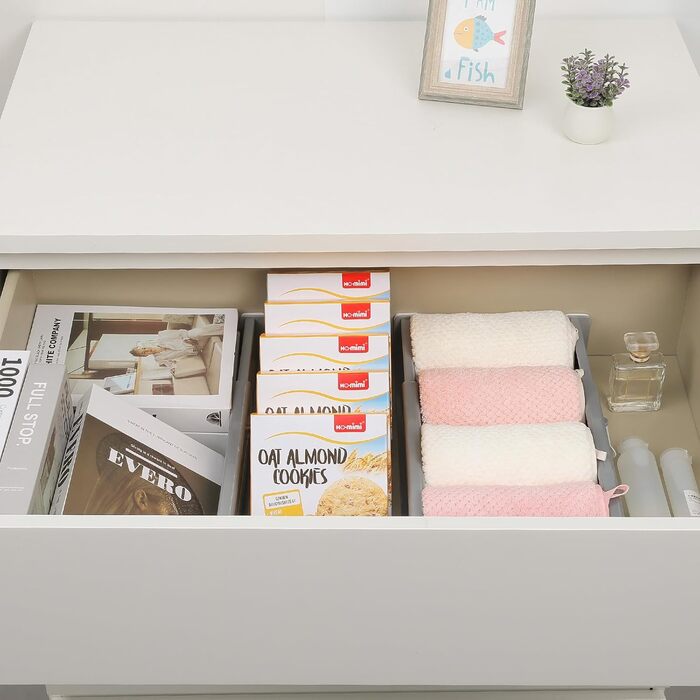 DIMJ 8-Piece Drawer Dividers Adjustable (32.6-56cm) Plastic, Closet Organizer for Kitchen Storage, Bedroom, Dresser, Light Gray