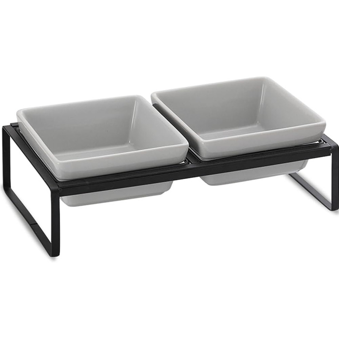 Сіра миска для кота з піднятим краєм - подвійна керамічна миска проти блювоти, легко миється, 2 x 480 мл, сірий колір