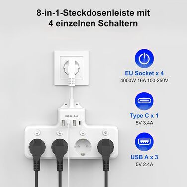 Мережевий фільтр з USB, 4 розетки з індивідуальним вимикачем, 3 USB та 1 Type-C (5V 3.4A) для кухні, вітальні, спальні, офісу