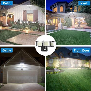 LED Floodlight with Motion Sensor Outdoor, 6000LM 38W Super Bright Outdoor Floodlight with Adjustable 3 Heads, 6500K Cold White LED Spotlight, IP65 Waterproof Outdoor Light for Garage, Garden, Yard...