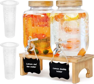 Скляний диспенсер для напоїв на підставці 2x4L з нержавіючою сталею, з краном для соків, води, домашніх напоїв, вечірок та свят