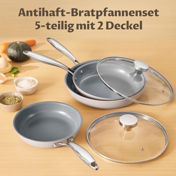 Набір сковорідок Induktion 5-ти частинний, антипригарне покриття, 20/24/28 см, молекулярно зв'язане дно, без PTFE, сумісний з усіма плитами, для духовки, сірий