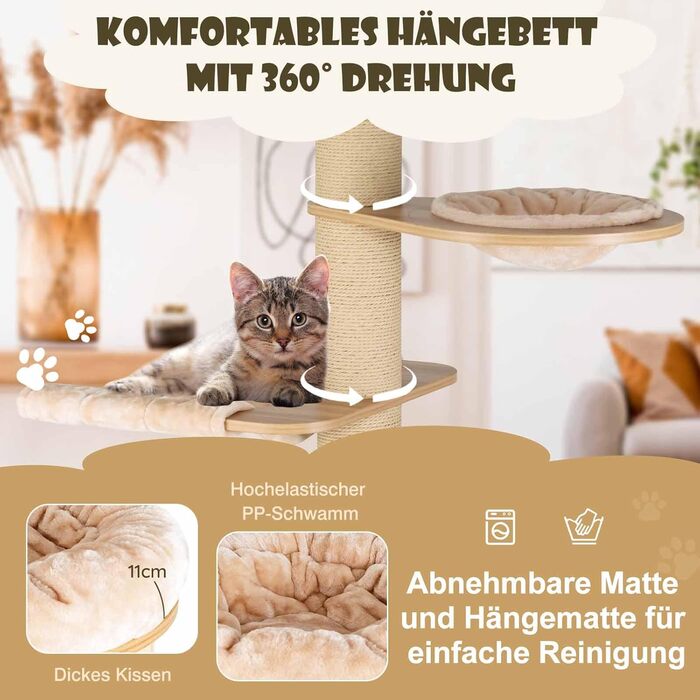 Дерев'яний кігтечка Costway 197 см з гамаком, будиночком та кошиком для котів, 7-ярусний, бежевий