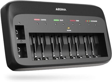 Зарядний пристрій ABSINA X10 для акумуляторів AA, AAA та 9V - 10-портовий зарядний пристрій для NiMH акумуляторів