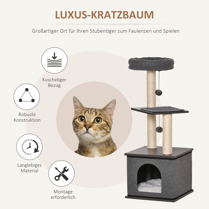 Комплекс для котів PawHut з когтеточкою, іграшками, лазінням, сизалевим покриттям, мотузкою та ПБ-плитою, сірий, 40 x 40 x 104 см
