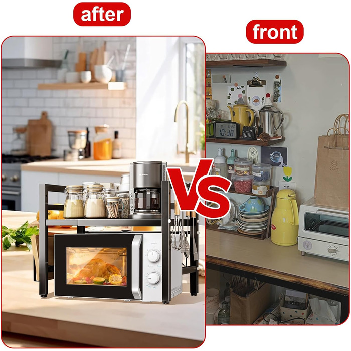 Регульована полиця для мікрохвильової печі UCAMP, розширювана, 2-рівнева, з вуглецевої сталі, для організації кухні, з підставкою для обрізної дошки та 6 гачками (чорна)