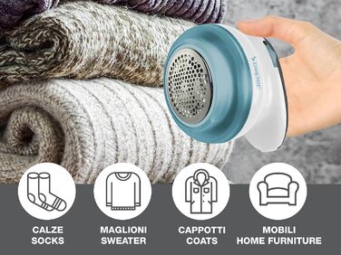 BEPER 50.245 USB-аккумуляторний видальник ворсу зі сталевими лезами. Видаляє ворс та ковтунці. Білий/блакитний, перезаряджається через USB