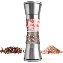 Мельниця для солі та перцю 2-в-1 Cyiecw, ручна, з регульованою керамічною млиночкою, з можливістю поповнення, нержавіюча сталь, срібна