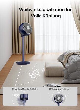 Вентилятор AIRMATE 25dB з підставкою, тихий, висока потужність 26 м, 1600 м³/год, регульована висота, з пультом керування, 3 режими/12 швидкостей/12 таймер