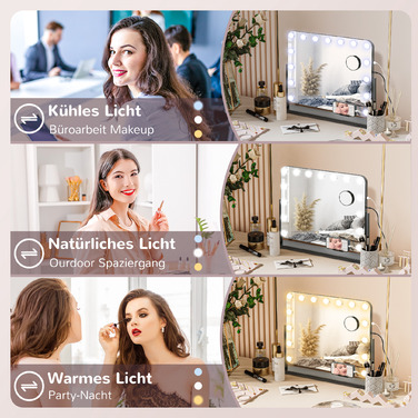 HOMCOM LED Makeup Mirror with 3 Light Modes, Dimmable, Touch Control, USB Powered, 24.4 x 19.5 inches, Black