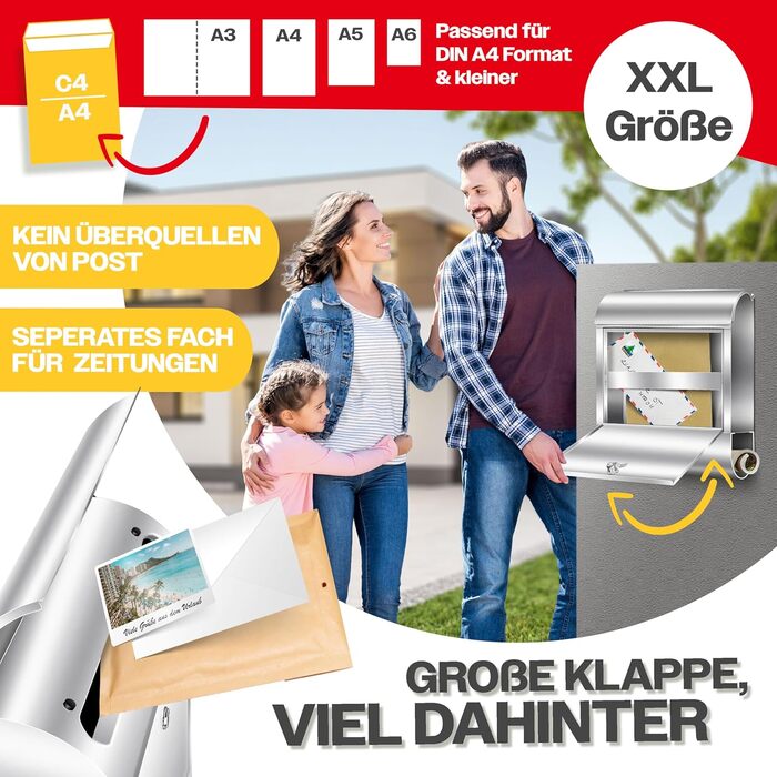 Поштовий ящик настінний KESSER® XXL нержавіюча сталь срібний з газетницею, замок + 3 ключі, вологостійкий, порошкове покриття