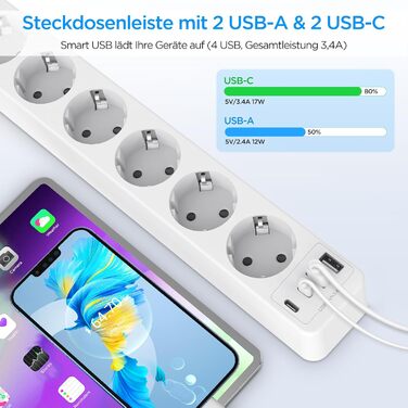 Мережевий фільтр з 4 USB та 6 розеток з вимикачем, для кухні, офісу, 3680W, 16A, 2 Type-C, білий кабель 1.8м