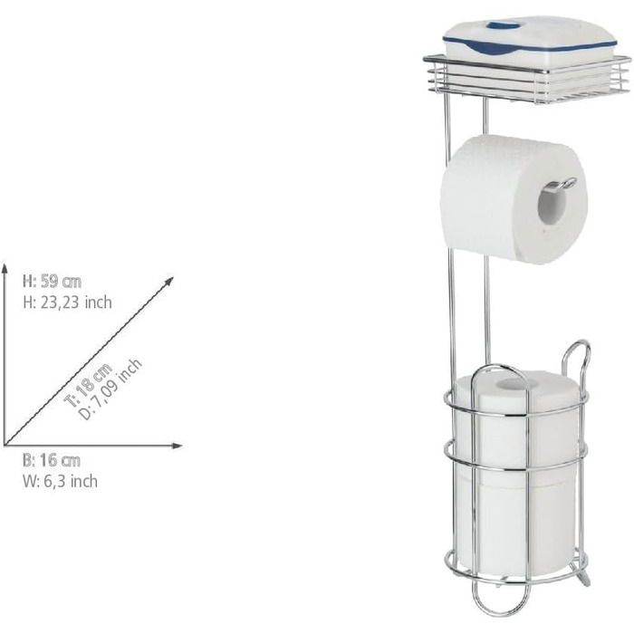 Підставка для туалетного паперу WENKO 3в1 з полицею та держателем рулонів - срібна, 16 x 59 x 18 см