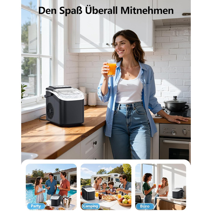 Машина для приготування льоду Eiswürfelmaschine Klein: портативна, 12 кг/24 год, 8 кубиків за 6 хв, 2 розміри, самоочищення для дому, кухні, кемпінгу, вечірки, RV