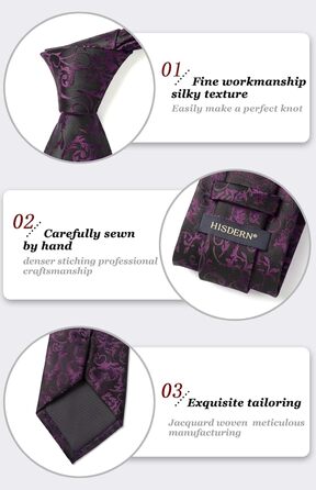 Кравка для чоловіків HISDERN: весільний комплект з краваткою та нагрудною хустинкою в павловій візерунку (фіолетовий)
