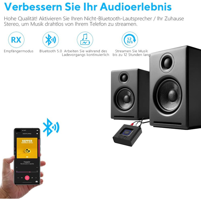 1Mii ML201 Bluetooth адаптер для стереосистеми: бездротовий аудіо приймач з AUX/Cinch, для ПК, смартфонів та планшетів, 12 годин роботи, режим басів Medium