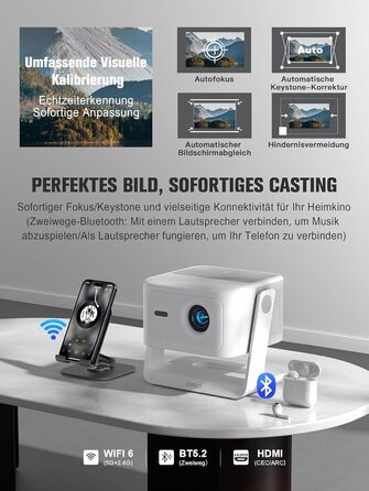 Портативний проєктор Mini Beamer: 1080P Full HD, 600ANSI, WiFi6, Bluetooth, 4K, Zoom 50%, 360° обертання, для домашнього кінотеатру, сумісний з телефоном