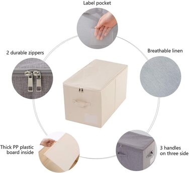 Amonseen 2 Large Foldable Fabric Storage Boxes with Zipper Lid for Queen/King Size Bedding, Winter Clothes in Bedroom Closet, Beige