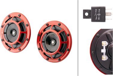 Електричний звуковий сигнал HELLA B133, 12В, 118дБ, 300/500Гц, низький/високий тон, комплект 2 шт., червоний/чорний, плоский роз'єм