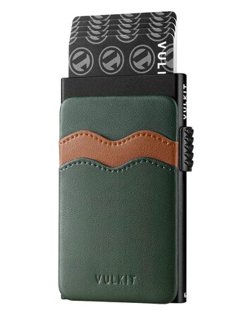 VULKIT Слім гаманець-картхолдер з RFID захистом, шкіряні слоти, металевий кейс, зелений