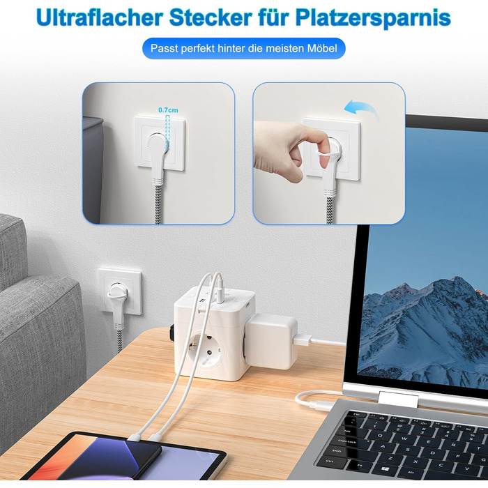 Блок розеток з USB-C, 4 розетки, плоский штекер, індивідуальне вмикання, сплетене кабель 2м для офісу, дому, подорожей - білий