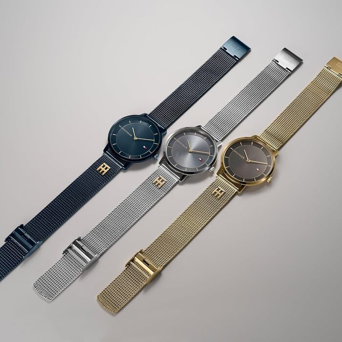 Годинник Tommy Hilfiger для жінок: кварцовий, аналоговий, з мікросітчатим браслетом з нержавіючої сталі. Доступні кольори: срібло, золото, рожеве золото, темно-синій (Navy Blue)