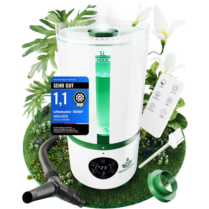 WOHLGRÜN Tau360: Ультразвуковий зволожувач повітря 5L з аромадифузором, гігростатом, нічним світлом, для спальні, дитячої кімнати, рослин