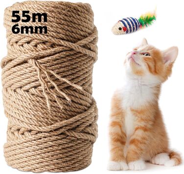 100M Sisal Rope for Cat Trees 8MM, Natural Sisal Rope for Cats, Scratch Rope, Household, Garden, DIY, Decoration, Cord for Replacement (55M x 6MM)