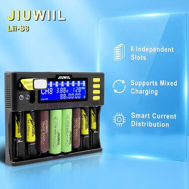 Зарядний пристрій JIUWIIL для акумуляторів 18650, Li-Ion/LiFePO4 (8+2 слоти) з LCD-дисплеєм – швидка зарядка 26650, 17500, 16340, 14500, 10440, 9V