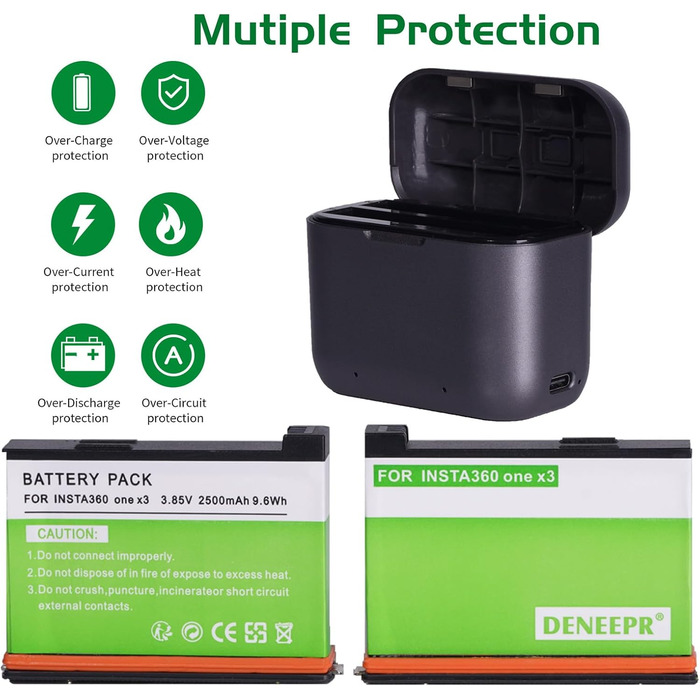 2 x Акумулятори Insta360 2800mAh з зарядним пристроєм USB-C, сумісні з Insta360 Action Camera (X3), з Micro SD слотами