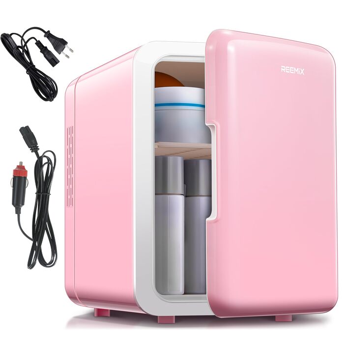 Портативний міні-холодильник 6л/9 банок: охолодження та підігрів для косметики, напоїв, їжі. Рожевий