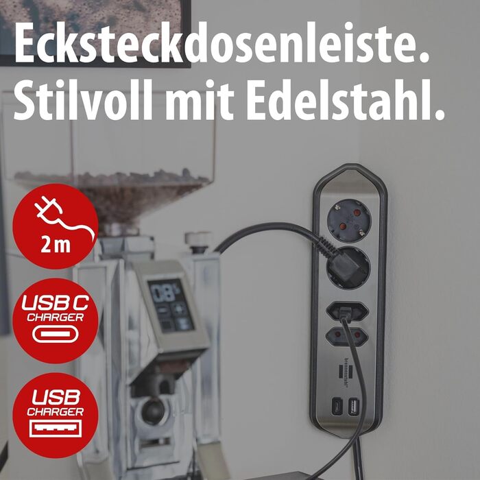 Бренненштуль Estilo Розподільний блок розеток кутовий 4-fach (USB 30W), срібно-чорний